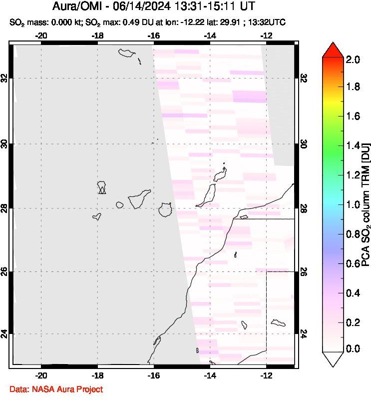 A sulfur dioxide image over Canary Islands on Jun 14, 2024.