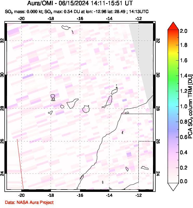 A sulfur dioxide image over Canary Islands on Jun 15, 2024.