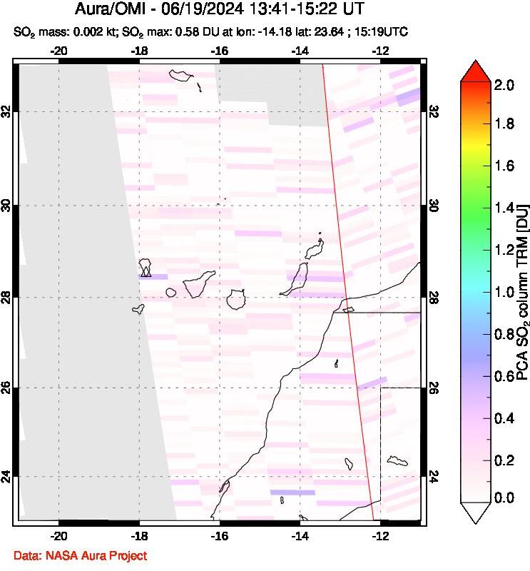 A sulfur dioxide image over Canary Islands on Jun 19, 2024.