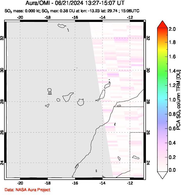 A sulfur dioxide image over Canary Islands on Jun 21, 2024.