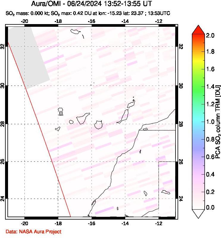 A sulfur dioxide image over Canary Islands on Jun 24, 2024.