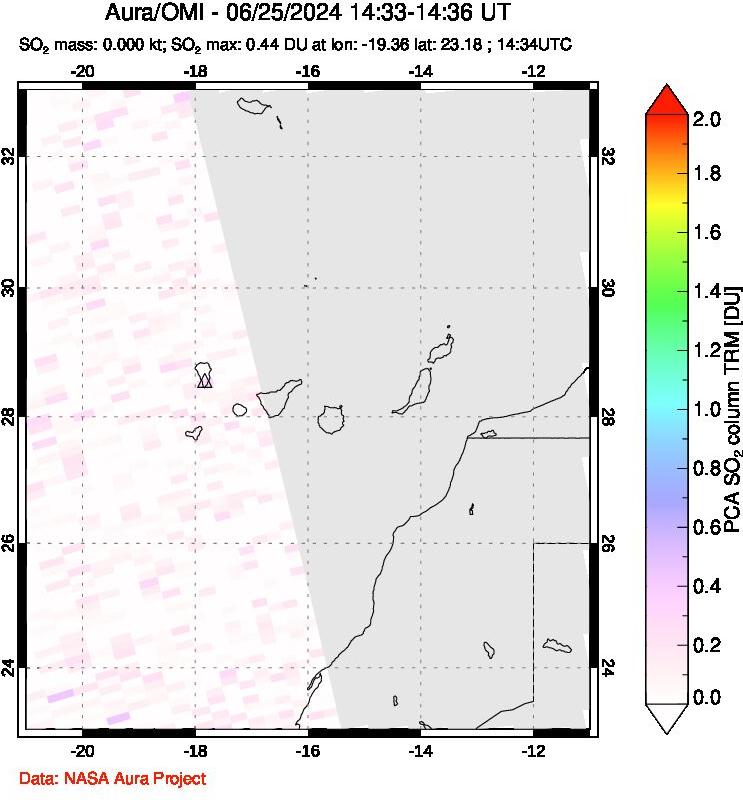 A sulfur dioxide image over Canary Islands on Jun 25, 2024.