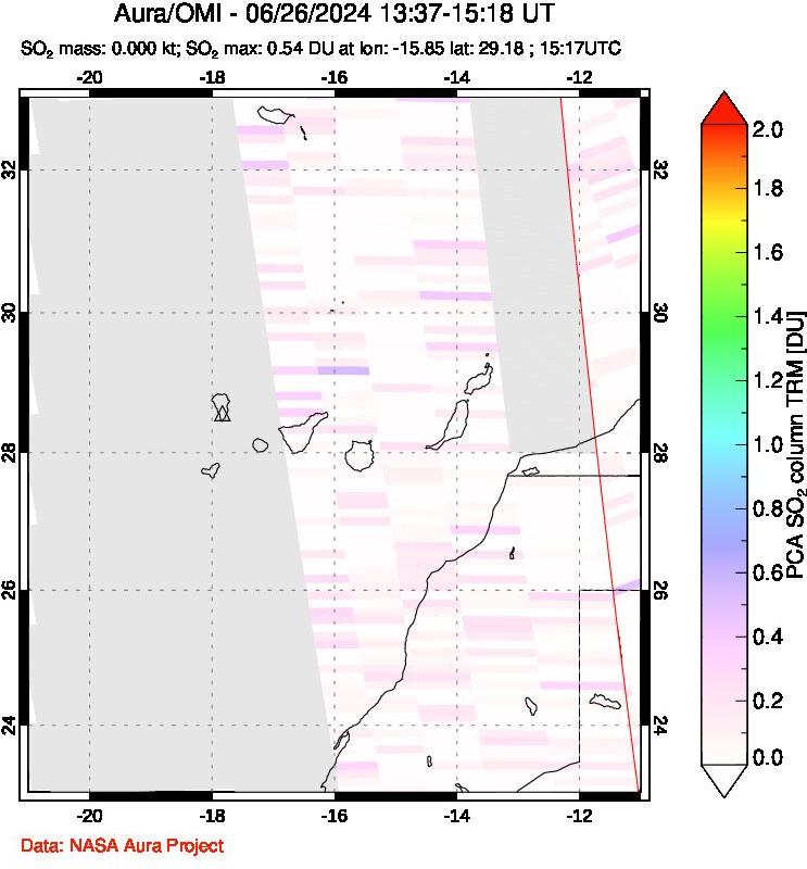 A sulfur dioxide image over Canary Islands on Jun 26, 2024.