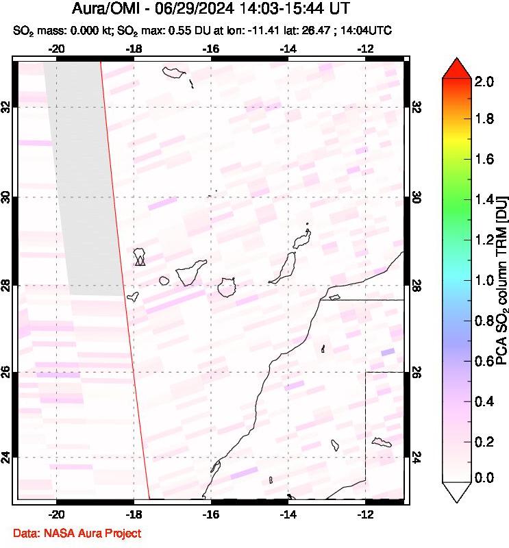 A sulfur dioxide image over Canary Islands on Jun 29, 2024.