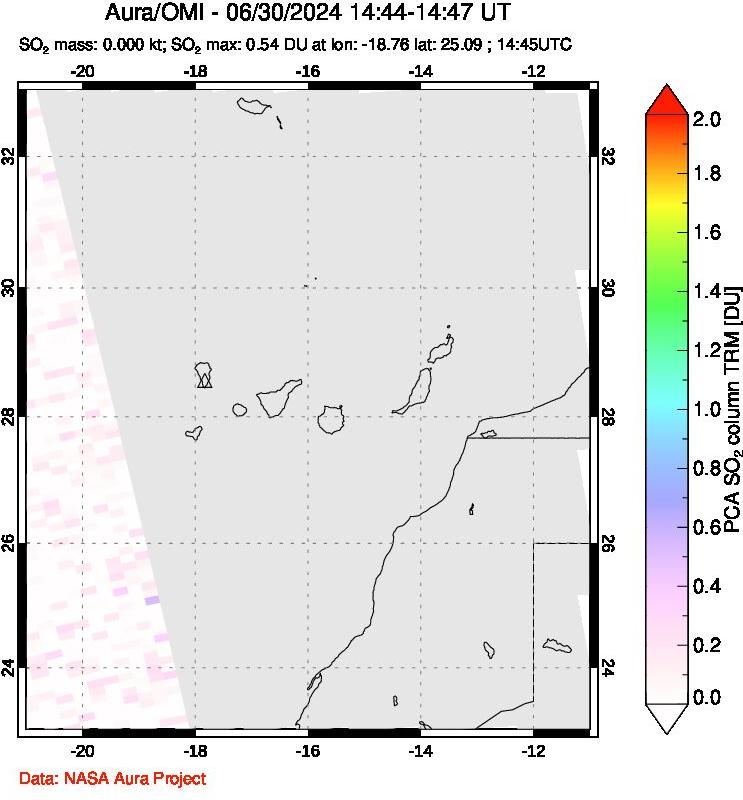 A sulfur dioxide image over Canary Islands on Jun 30, 2024.