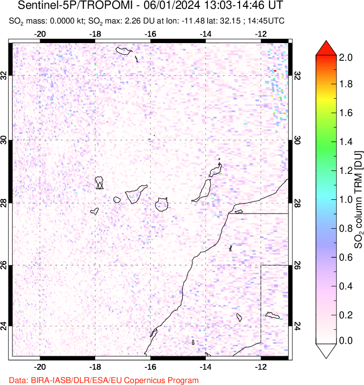 A sulfur dioxide image over Canary Islands on Jun 01, 2024.