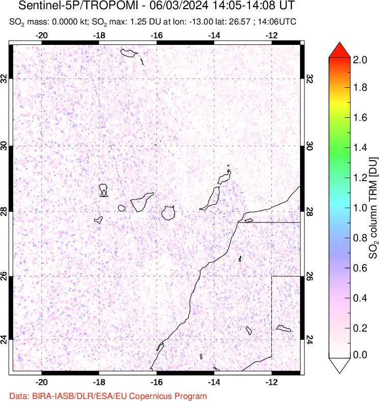 A sulfur dioxide image over Canary Islands on Jun 03, 2024.