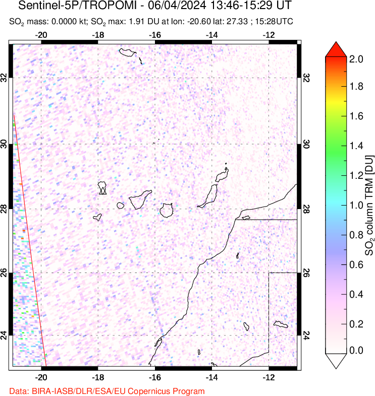 A sulfur dioxide image over Canary Islands on Jun 04, 2024.