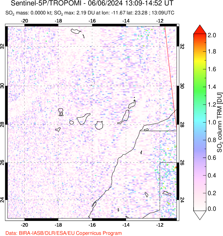 A sulfur dioxide image over Canary Islands on Jun 06, 2024.