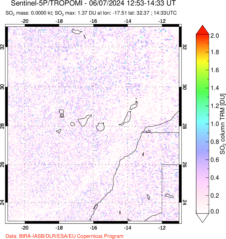 A sulfur dioxide image over Canary Islands on Jun 07, 2024.