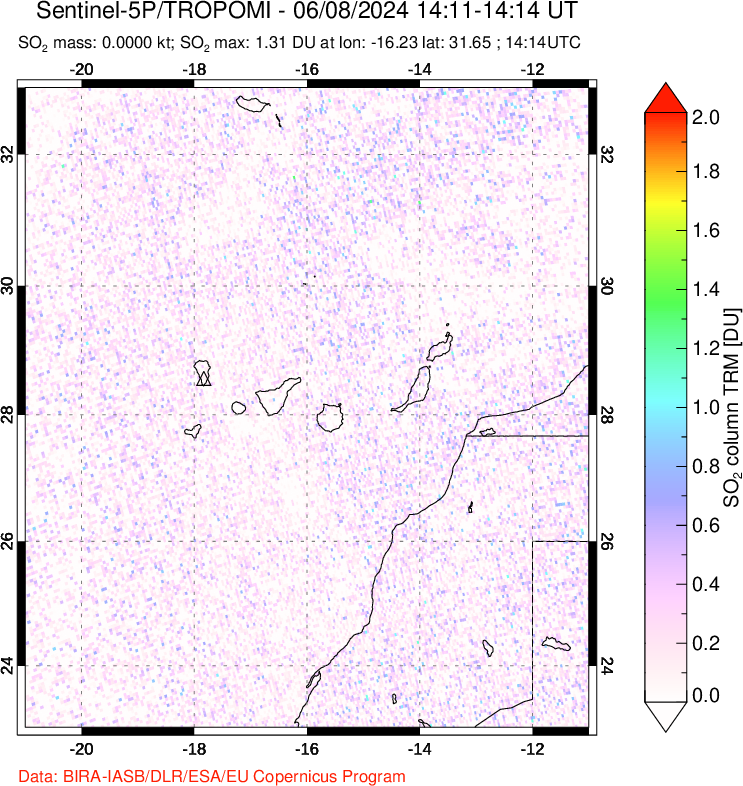 A sulfur dioxide image over Canary Islands on Jun 08, 2024.