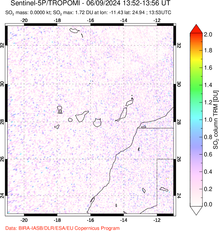 A sulfur dioxide image over Canary Islands on Jun 09, 2024.