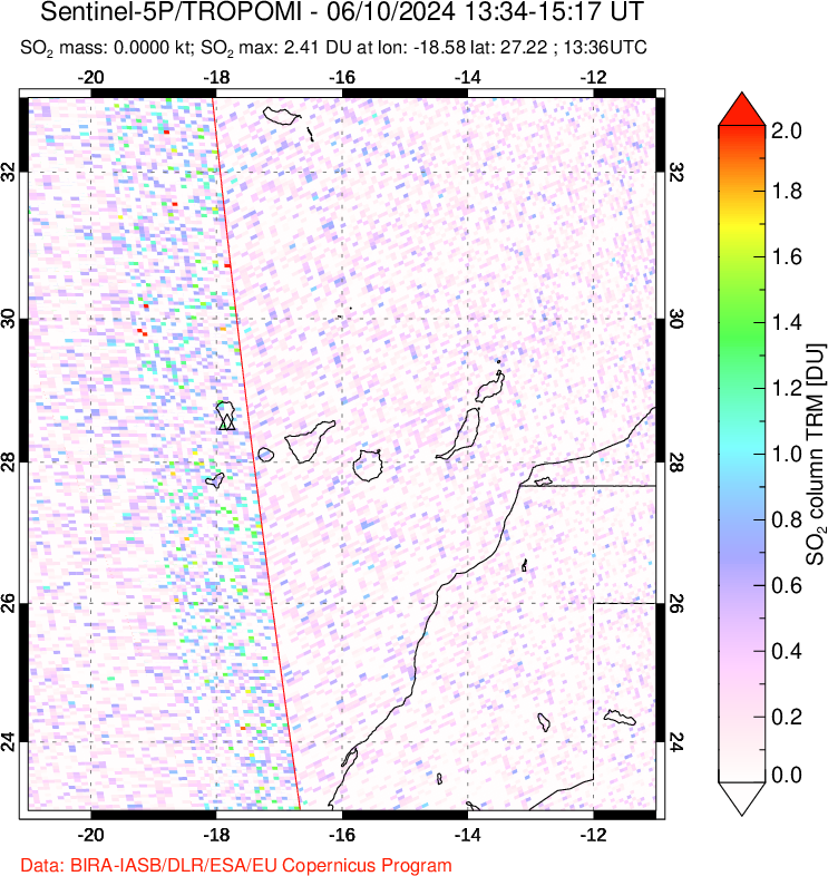 A sulfur dioxide image over Canary Islands on Jun 10, 2024.