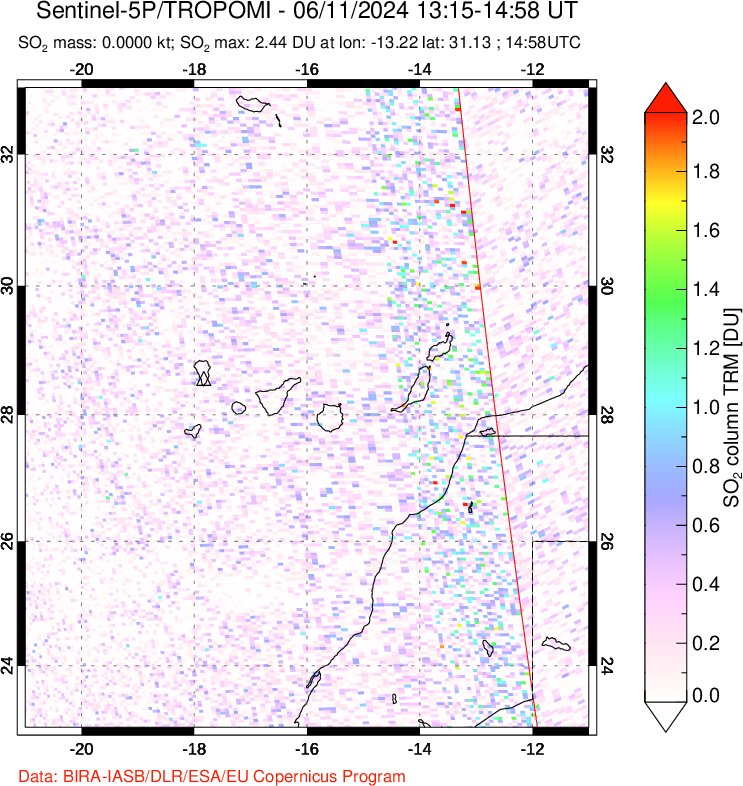 A sulfur dioxide image over Canary Islands on Jun 11, 2024.