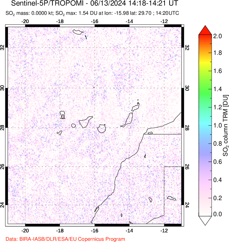 A sulfur dioxide image over Canary Islands on Jun 13, 2024.