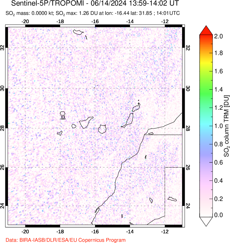 A sulfur dioxide image over Canary Islands on Jun 14, 2024.