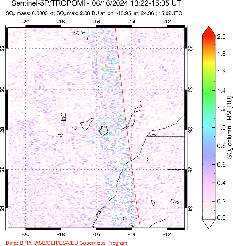 A sulfur dioxide image over Canary Islands on Jun 16, 2024.