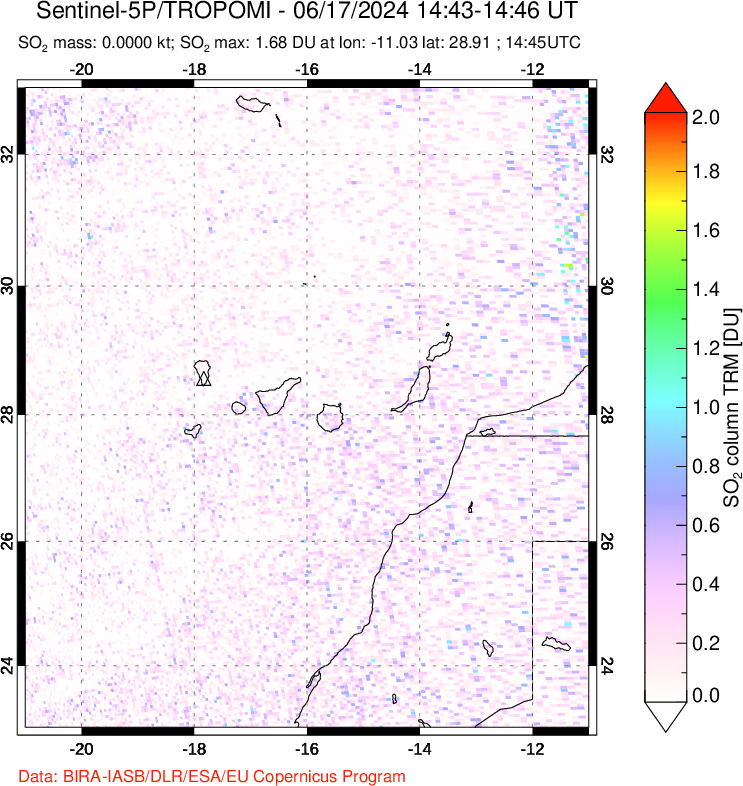 A sulfur dioxide image over Canary Islands on Jun 17, 2024.