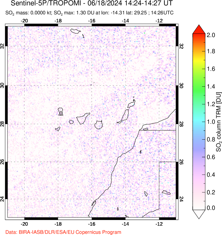 A sulfur dioxide image over Canary Islands on Jun 18, 2024.