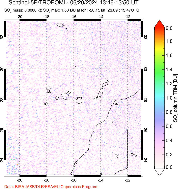 A sulfur dioxide image over Canary Islands on Jun 20, 2024.