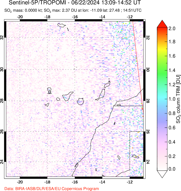 A sulfur dioxide image over Canary Islands on Jun 22, 2024.