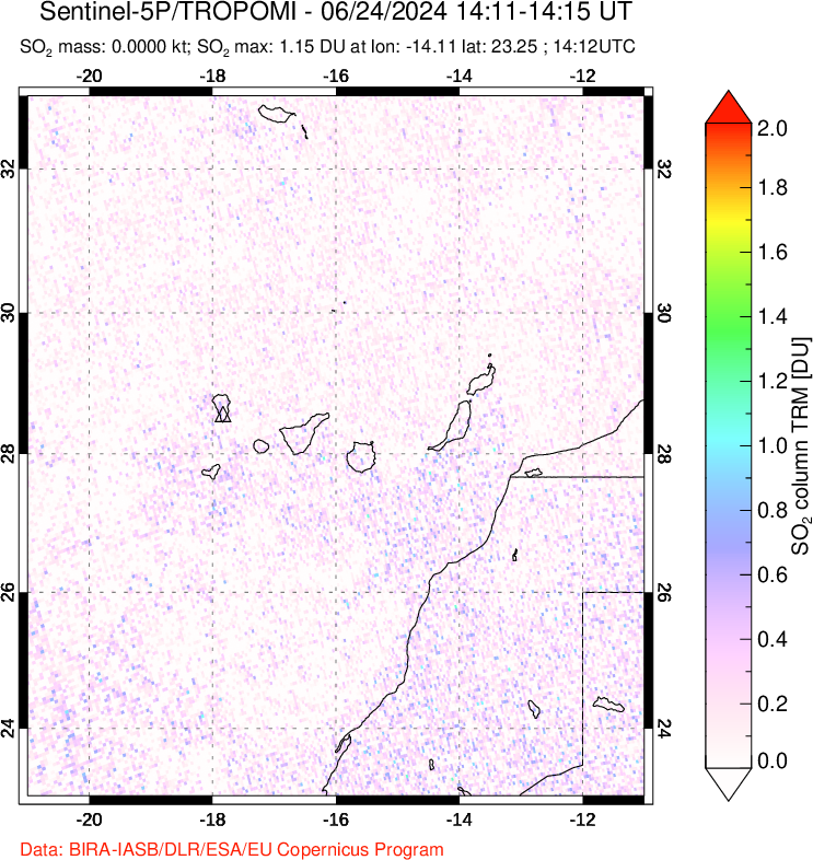 A sulfur dioxide image over Canary Islands on Jun 24, 2024.