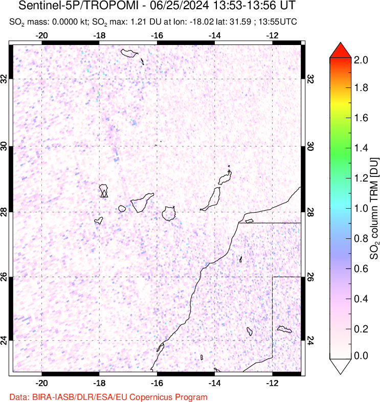 A sulfur dioxide image over Canary Islands on Jun 25, 2024.