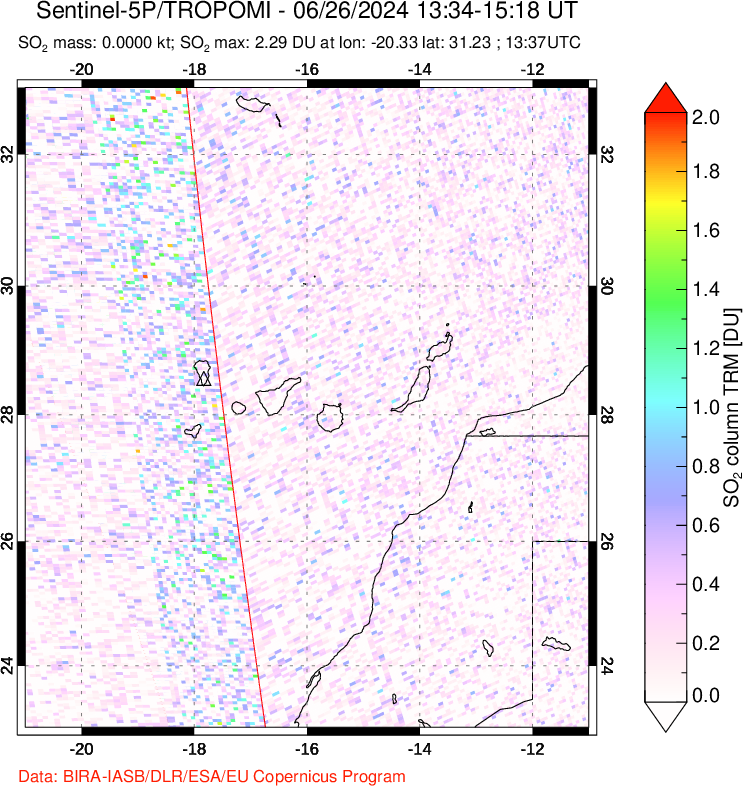 A sulfur dioxide image over Canary Islands on Jun 26, 2024.