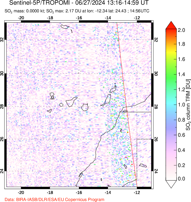 A sulfur dioxide image over Canary Islands on Jun 27, 2024.