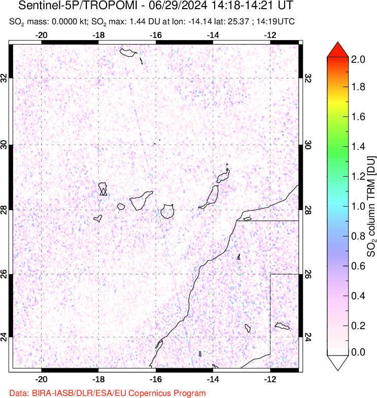 A sulfur dioxide image over Canary Islands on Jun 29, 2024.