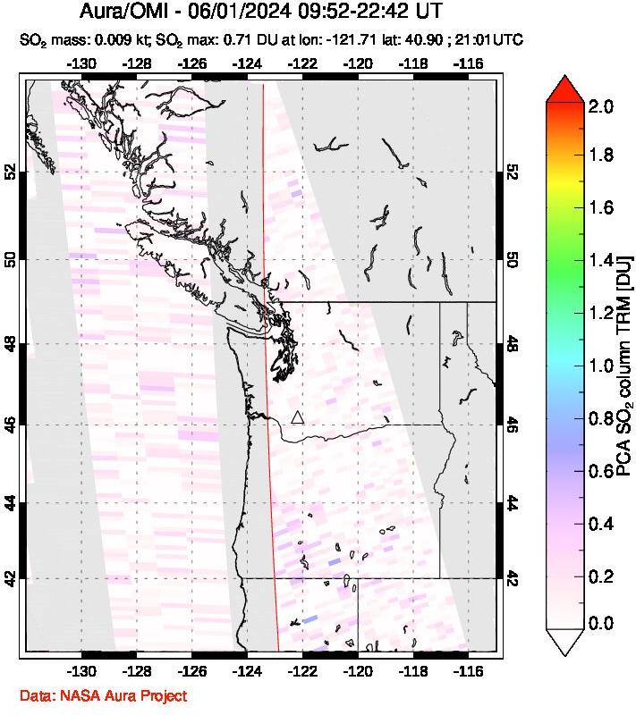 A sulfur dioxide image over Cascade Range, USA on Jun 01, 2024.