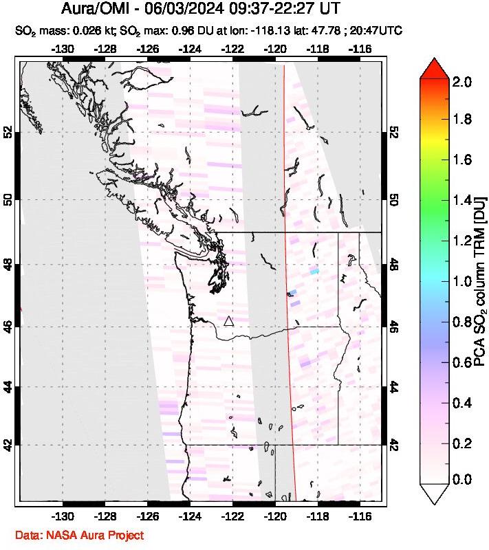 A sulfur dioxide image over Cascade Range, USA on Jun 03, 2024.