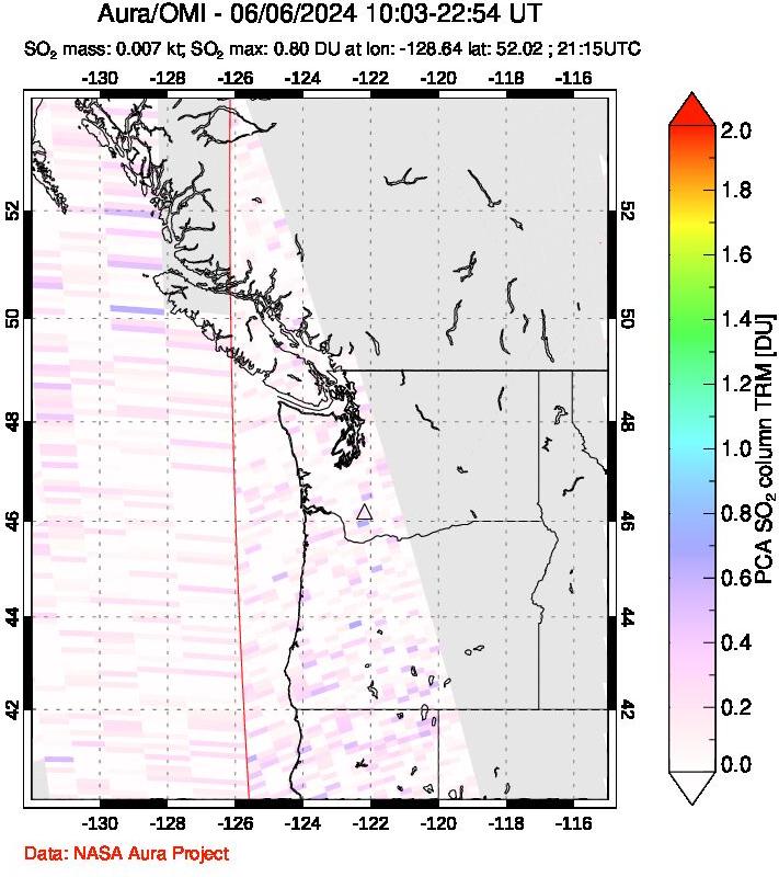 A sulfur dioxide image over Cascade Range, USA on Jun 06, 2024.