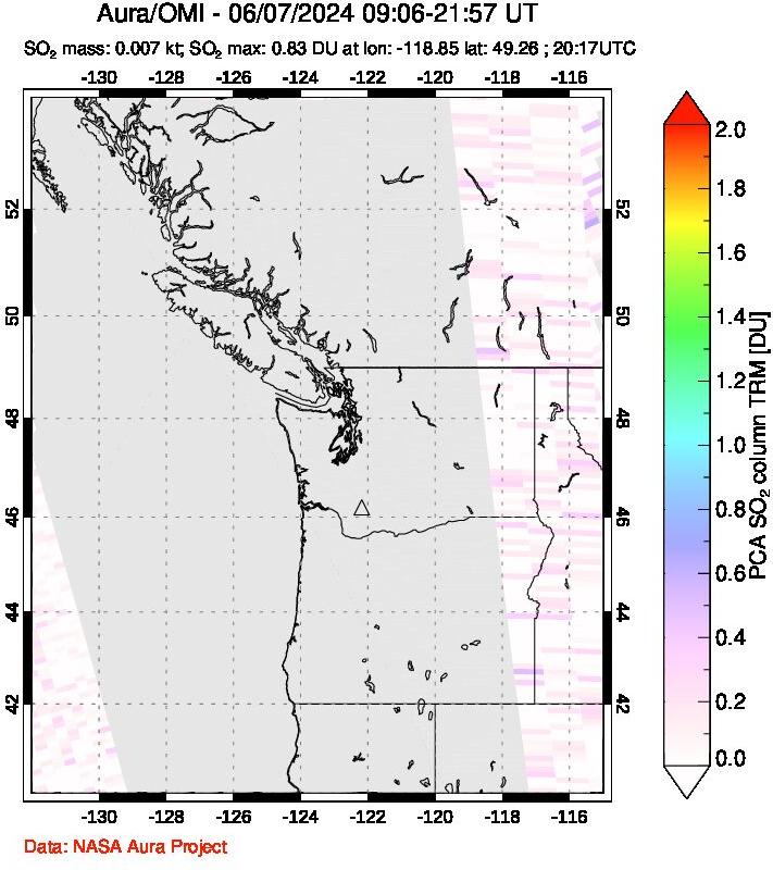 A sulfur dioxide image over Cascade Range, USA on Jun 07, 2024.