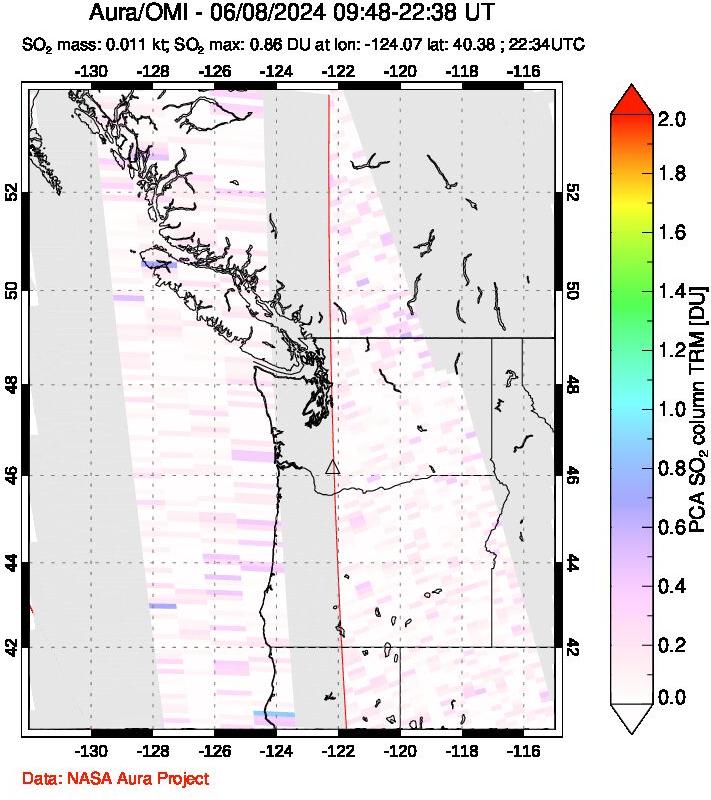 A sulfur dioxide image over Cascade Range, USA on Jun 08, 2024.