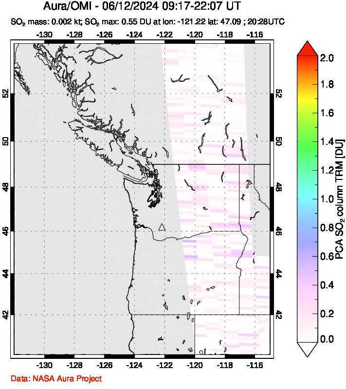 A sulfur dioxide image over Cascade Range, USA on Jun 12, 2024.