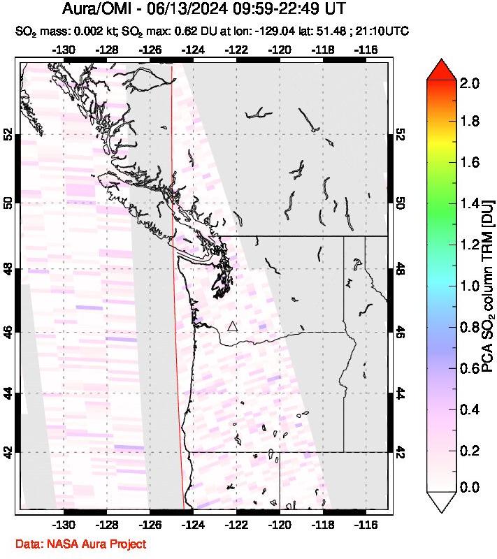 A sulfur dioxide image over Cascade Range, USA on Jun 13, 2024.