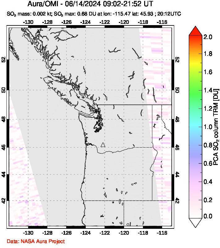 A sulfur dioxide image over Cascade Range, USA on Jun 14, 2024.