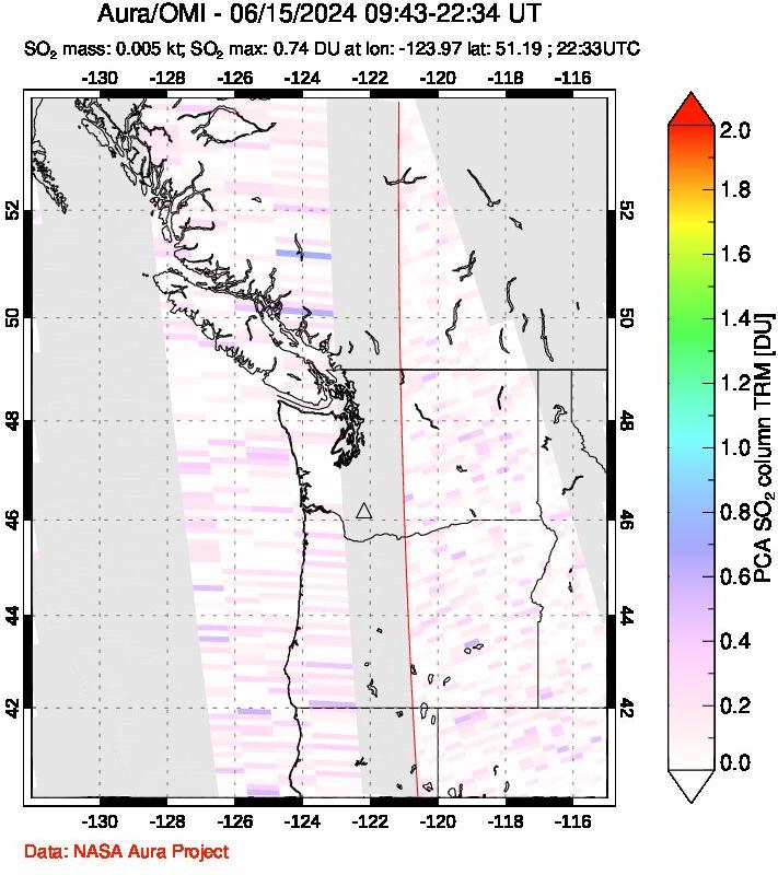 A sulfur dioxide image over Cascade Range, USA on Jun 15, 2024.