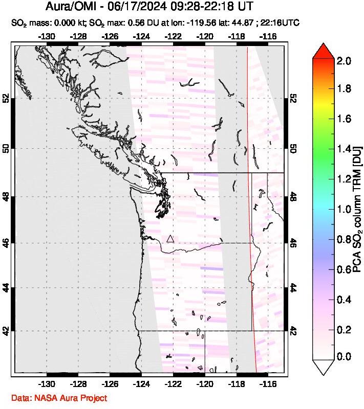 A sulfur dioxide image over Cascade Range, USA on Jun 17, 2024.