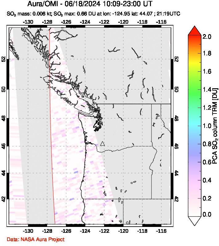 A sulfur dioxide image over Cascade Range, USA on Jun 18, 2024.