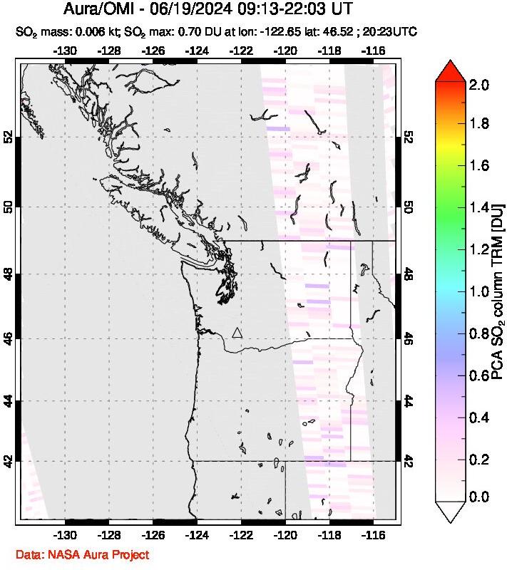 A sulfur dioxide image over Cascade Range, USA on Jun 19, 2024.