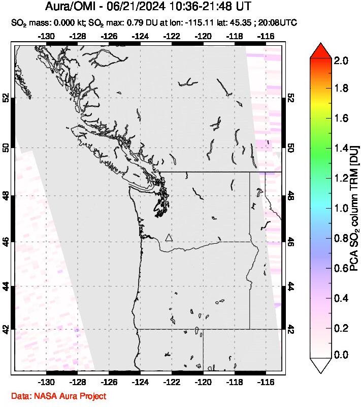 A sulfur dioxide image over Cascade Range, USA on Jun 21, 2024.