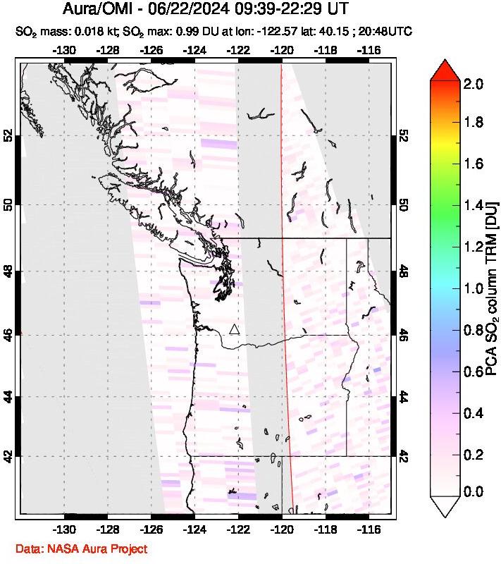 A sulfur dioxide image over Cascade Range, USA on Jun 22, 2024.