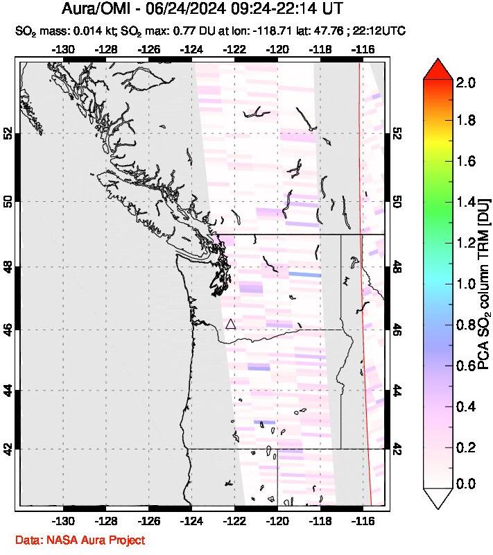 A sulfur dioxide image over Cascade Range, USA on Jun 24, 2024.