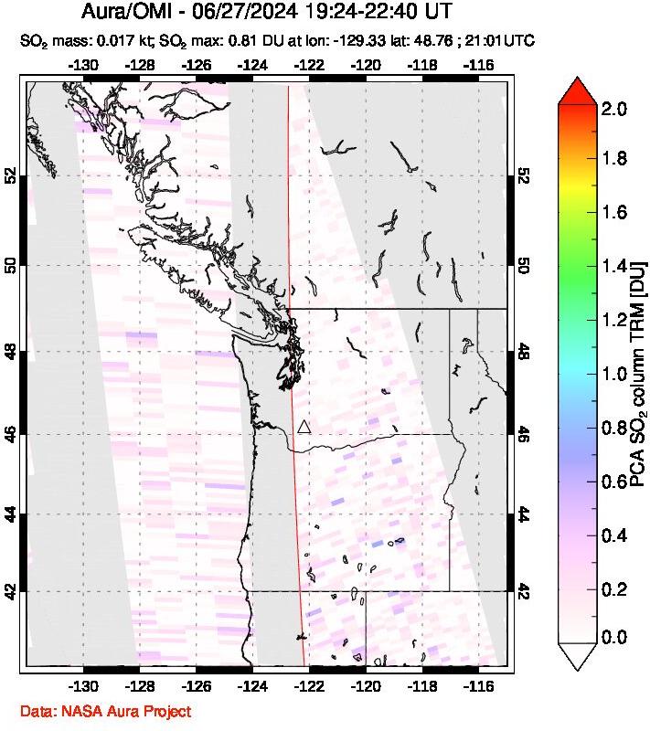 A sulfur dioxide image over Cascade Range, USA on Jun 27, 2024.