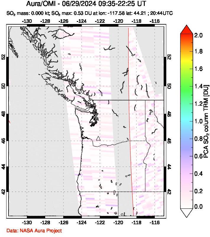 A sulfur dioxide image over Cascade Range, USA on Jun 29, 2024.