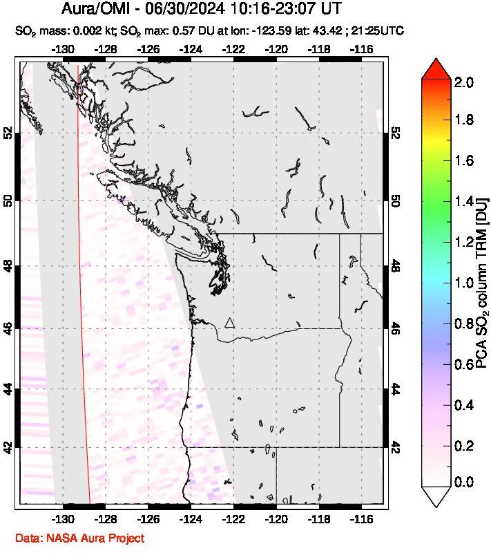 A sulfur dioxide image over Cascade Range, USA on Jun 30, 2024.