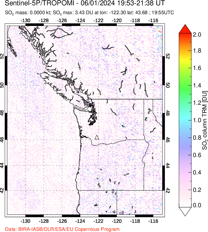 A sulfur dioxide image over Cascade Range, USA on Jun 01, 2024.