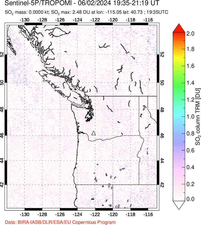 A sulfur dioxide image over Cascade Range, USA on Jun 02, 2024.